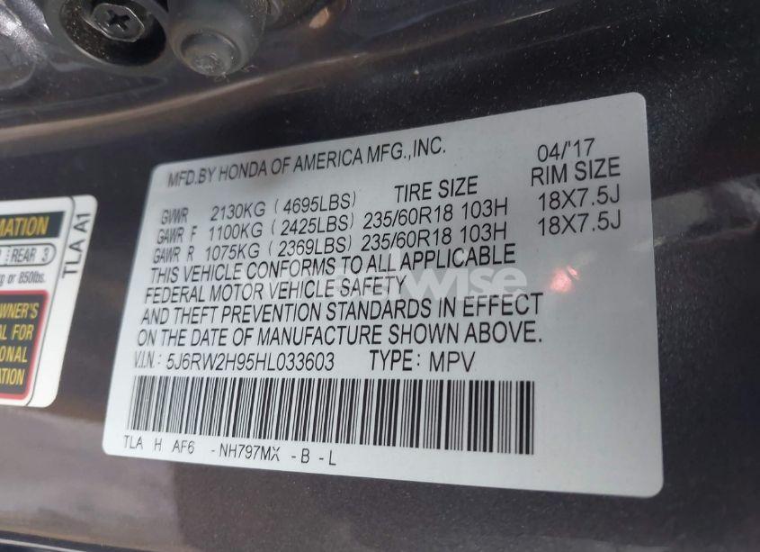 Photo 9 of 2017 Honda Cr-v TOURING (VIN 5J6RW2H95HL033603)