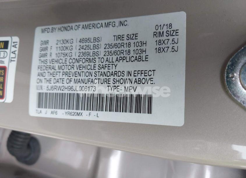 Photo 9 of 2018 Honda Cr-v TOURING (VIN 5J6RW2H96JL006173)