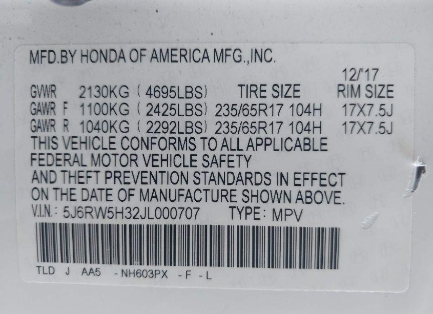 Photo 9 of 2018 Honda Cr-v LX (VIN 5J6RW5H32JL000707)