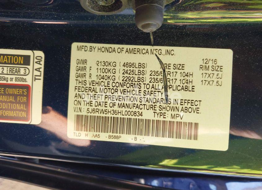 Photo 9 of 2017 Honda Cr-v LX (VIN 5J6RW5H36HL000834)