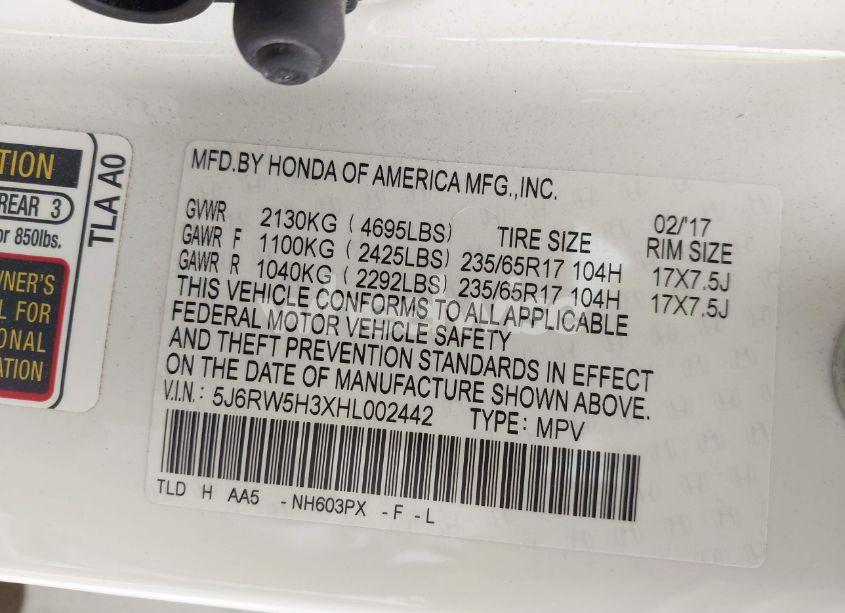 Photo 9 of 2017 Honda Cr-v LX (VIN 5J6RW5H3XHL002442)