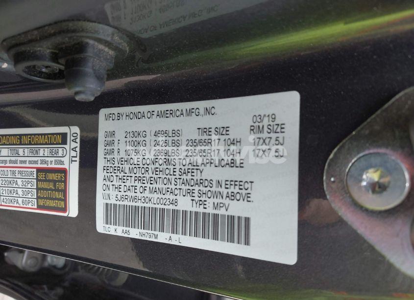 Photo 9 of 2019 Honda Cr-v LX (VIN 5J6RW6H30KL002348)