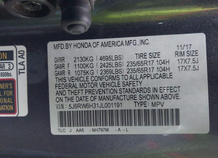 Photo 9 of 2018 Honda Cr-v LX (VIN 5J6RW6H31JL001191)