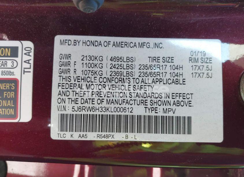 Photo 9 of 2019 Honda Cr-v LX (VIN 5J6RW6H33KL000612)