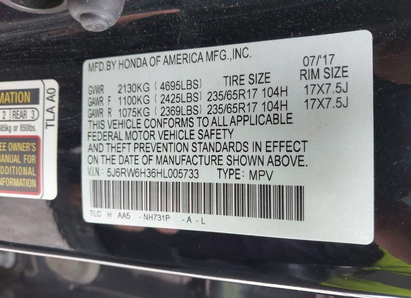 Photo 9 of 2017 Honda Cr-v LX (VIN 5J6RW6H36HL005733)