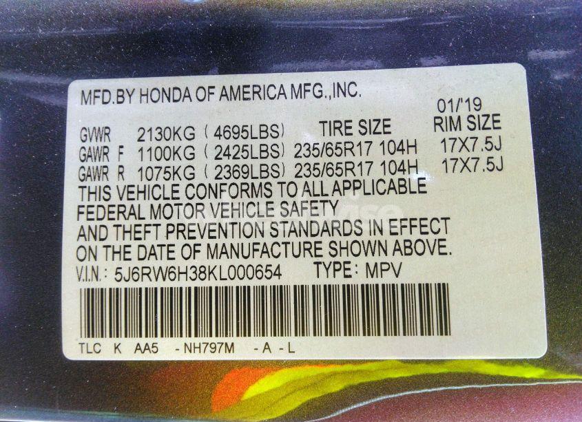 Photo 9 of 2019 Honda Cr-v LX (VIN 5J6RW6H38KL000654)