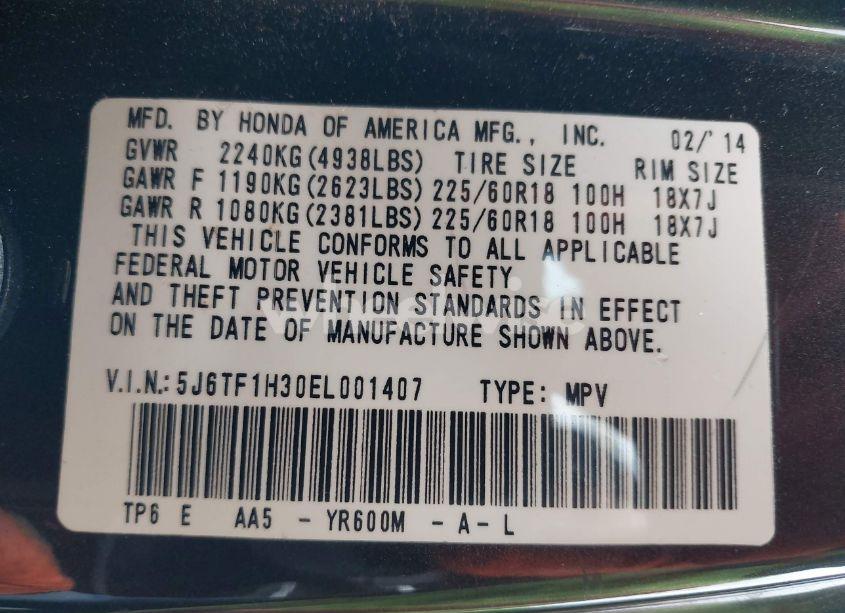 Photo 9 of 2014 Honda Crosstour EX V6 (VIN 5J6TF1H30EL001407)