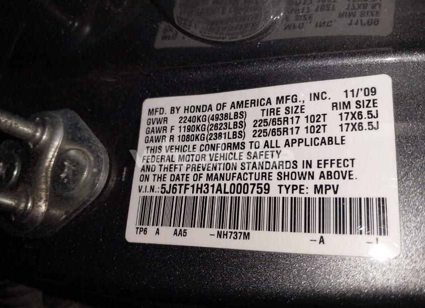 Photo 9 of 2010 Honda Accord CROSSTOUR EX (VIN 5J6TF1H31AL000759)