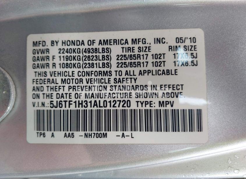 Photo 9 of 2010 Honda Accord CROSSTOUR EX (VIN 5J6TF1H31AL012720)