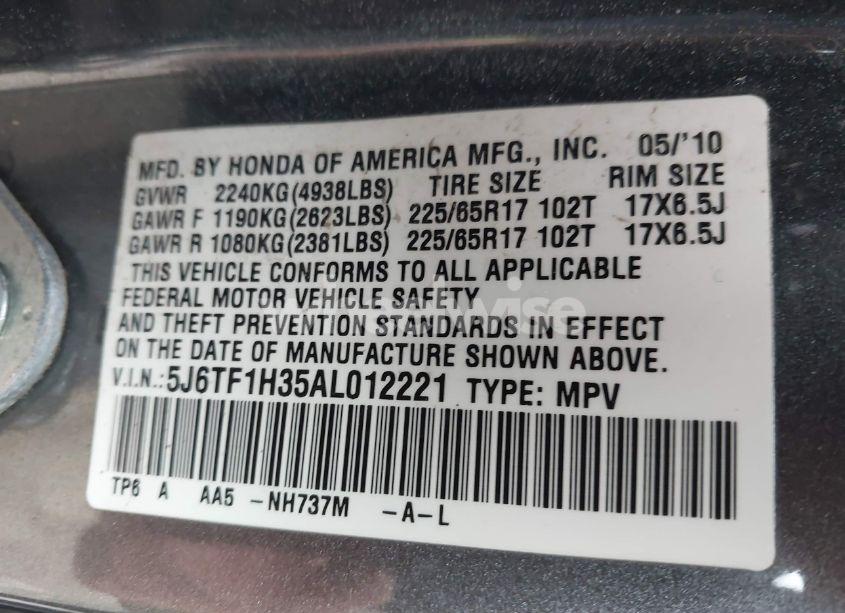 Photo 9 of 2010 Honda Accord CROSSTOUR EX (VIN 5J6TF1H35AL012221)