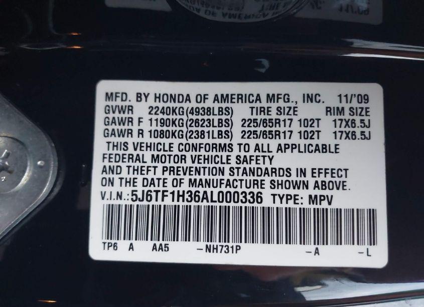 Photo 9 of 2010 Honda Accord CROSSTOUR EX (VIN 5J6TF1H36AL000336)