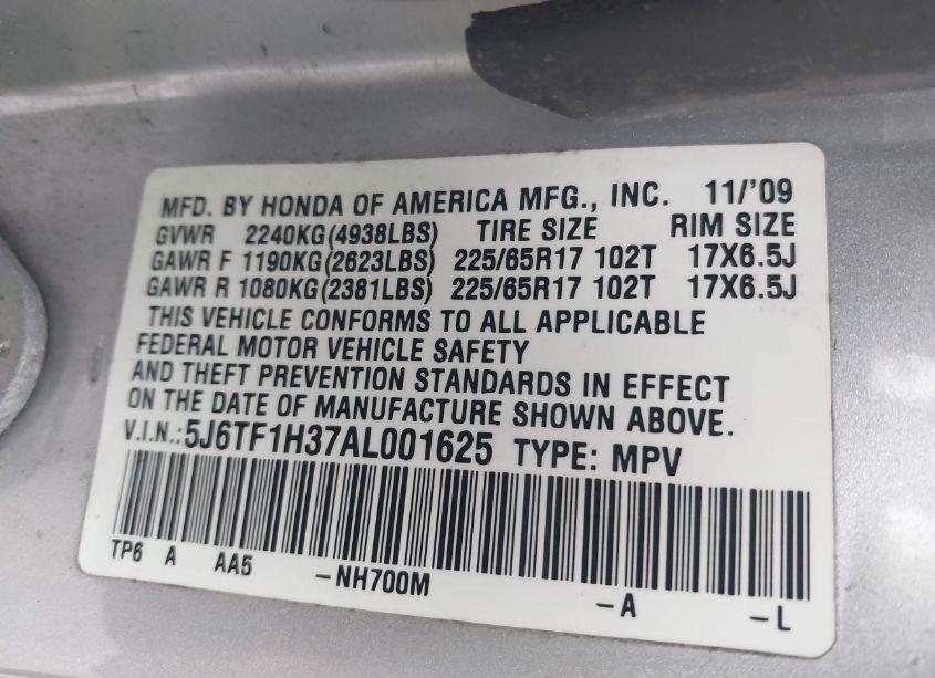 Photo 9 of 2010 Honda Accord CROSSTOUR EX (VIN 5J6TF1H37AL001625)