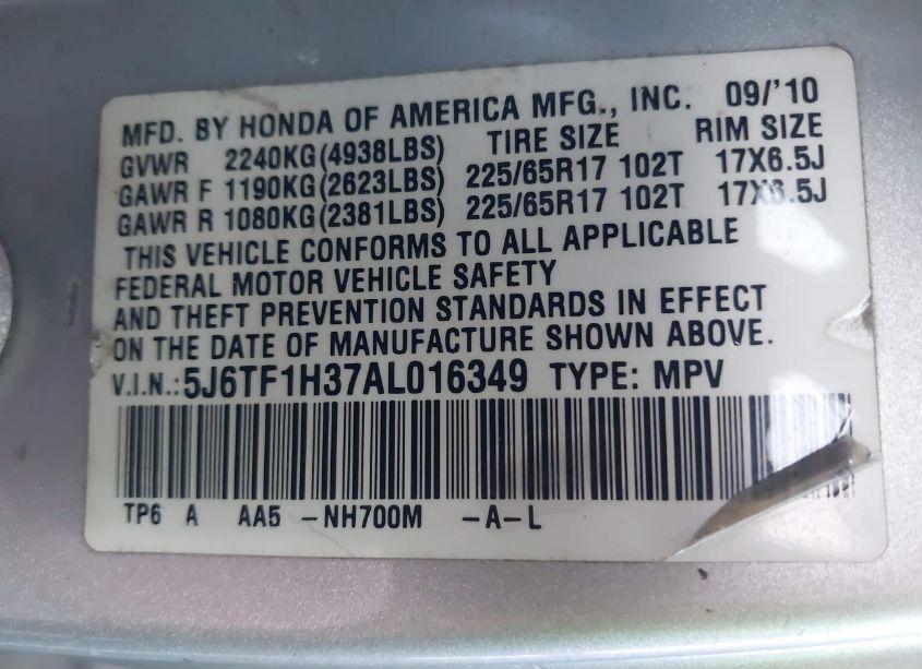 Photo 9 of 2010 Honda Accord CROSSTOUR EX (VIN 5J6TF1H37AL016349)