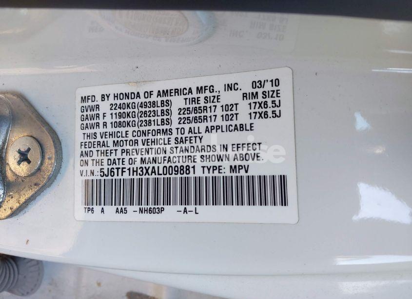 Photo 9 of 2010 Honda Accord CROSSTOUR EX (VIN 5J6TF1H3XAL009881)