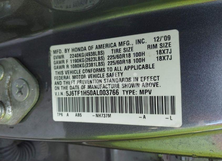 Photo 9 of 2010 Honda Accord CROSSTOUR EX-L (VIN 5J6TF1H50AL003766)