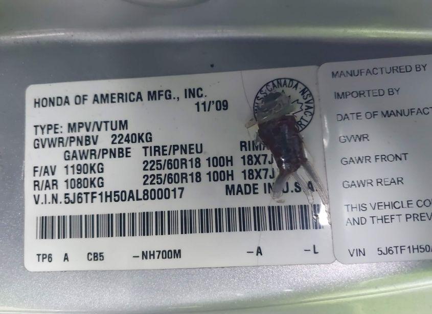 Photo 9 of 2010 Honda Accord CROSSTOUR EX-L (VIN 5J6TF1H50AL800017)