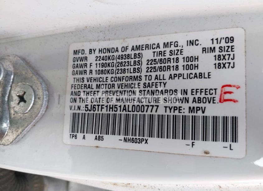 Photo 9 of 2010 Honda Accord CROSSTOUR EX-L (VIN 5J6TF1H51AL000777)