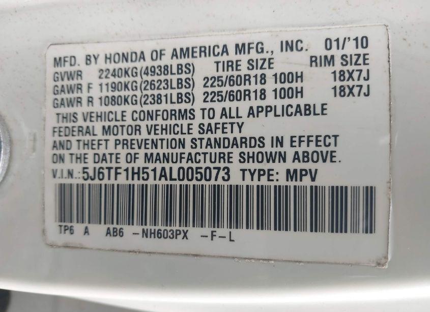 Photo 9 of 2010 Honda Accord CROSSTOUR EX-L (VIN 5J6TF1H51AL005073)