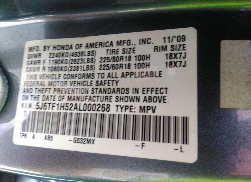 Photo 9 of 2010 Honda Accord CROSSTOUR EX-L (VIN 5J6TF1H52AL000268)