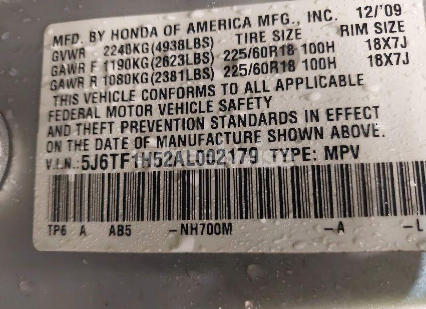 Photo 9 of 2010 Honda Accord CROSSTOUR EX-L (VIN 5J6TF1H52AL002179)