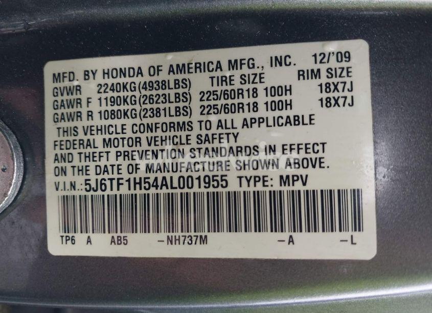 Photo 9 of 2010 Honda Accord CROSSTOUR EX-L (VIN 5J6TF1H54AL001955)