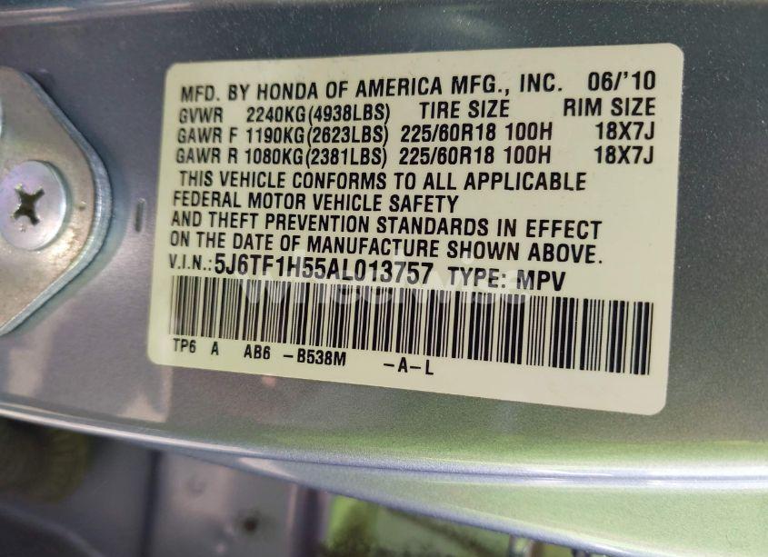 Photo 9 of 2010 Honda Accord CROSSTOUR EX-L (VIN 5J6TF1H55AL013757)