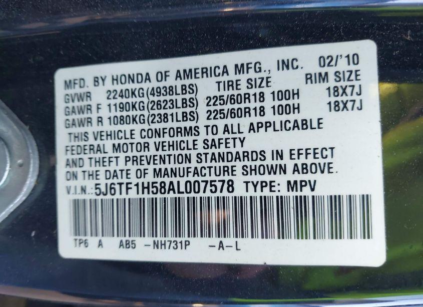 Photo 9 of 2010 Honda Accord CROSSTOUR EX-L (VIN 5J6TF1H58AL007578)