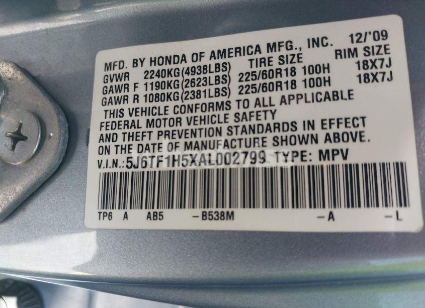 Photo 9 of 2010 Honda Accord CROSSTOUR EX-L (VIN 5J6TF1H5XAL002799)