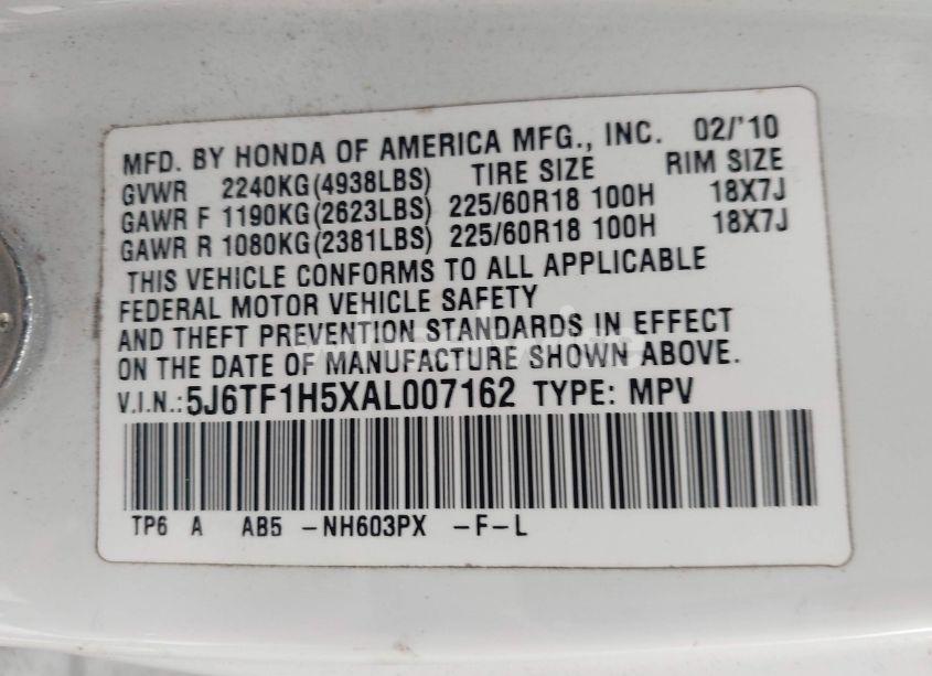 Photo 9 of 2010 Honda Accord CROSSTOUR EX-L (VIN 5J6TF1H5XAL007162)