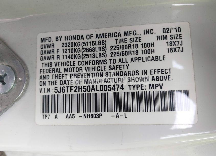 Photo 9 of 2010 Honda Accord CROSSTOUR EX-L (VIN 5J6TF2H50AL005474)