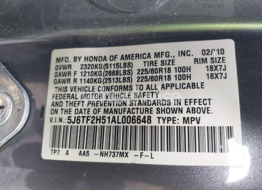 Photo 9 of 2010 Honda Accord CROSSTOUR EX-L (VIN 5J6TF2H51AL006648)