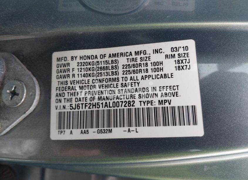 Photo 9 of 2010 Honda Accord CROSSTOUR EX-L (VIN 5J6TF2H51AL007282)