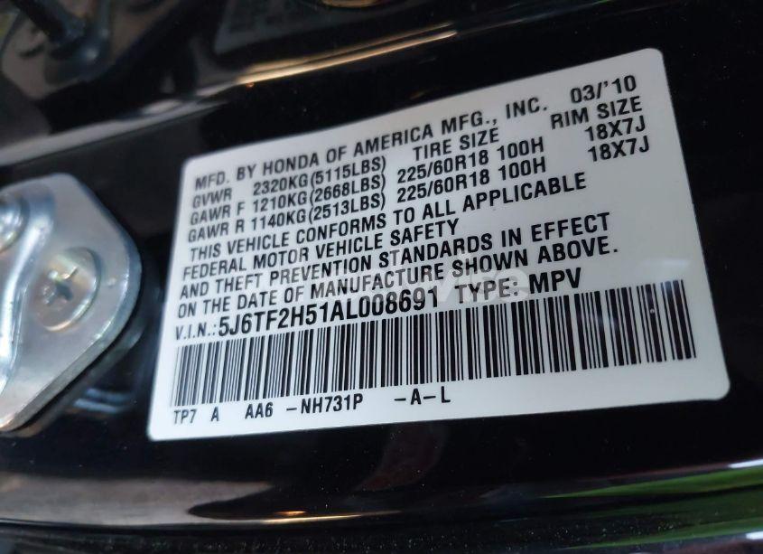 Photo 9 of 2010 Honda Accord CROSSTOUR EX-L (VIN 5J6TF2H51AL008691)