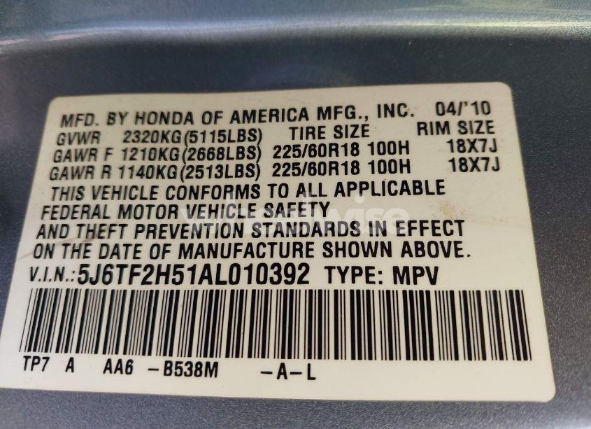 Photo 9 of 2010 Honda Accord CROSSTOUR EX-L (VIN 5J6TF2H51AL010392)