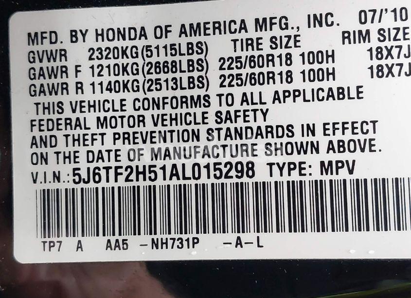 Photo 9 of 2010 Honda Accord CROSSTOUR EX-L (VIN 5J6TF2H51AL015298)