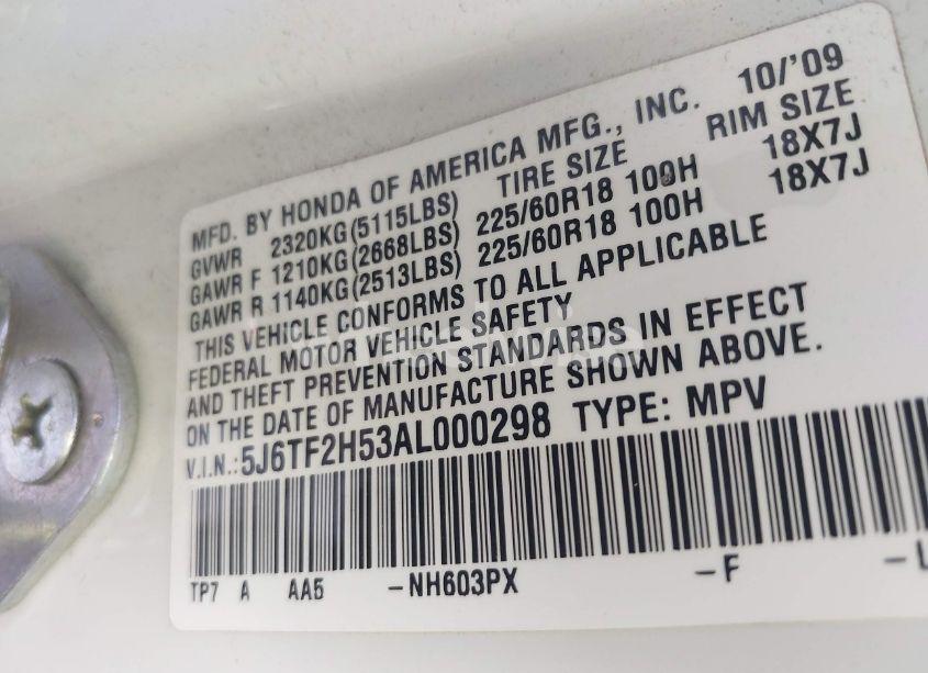 Photo 9 of 2010 Honda Accord CROSSTOUR EX-L (VIN 5J6TF2H53AL000298)