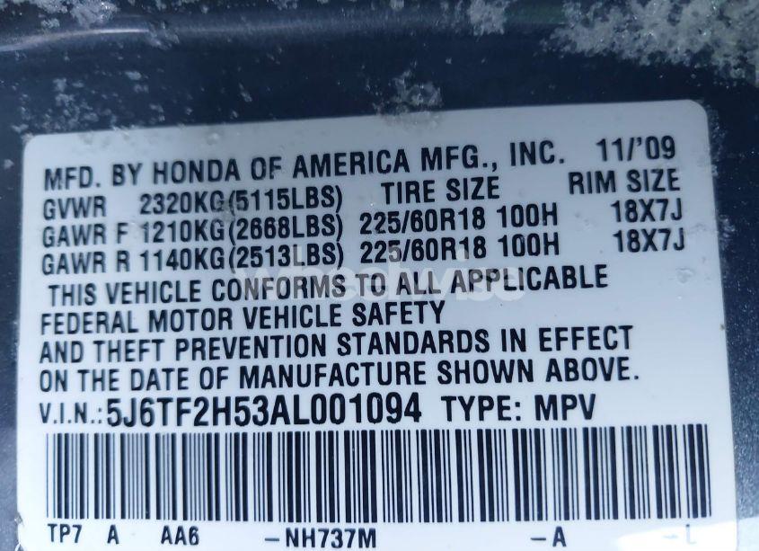Photo 9 of 2010 Honda Accord CROSSTOUR EX-L (VIN 5J6TF2H53AL001094)