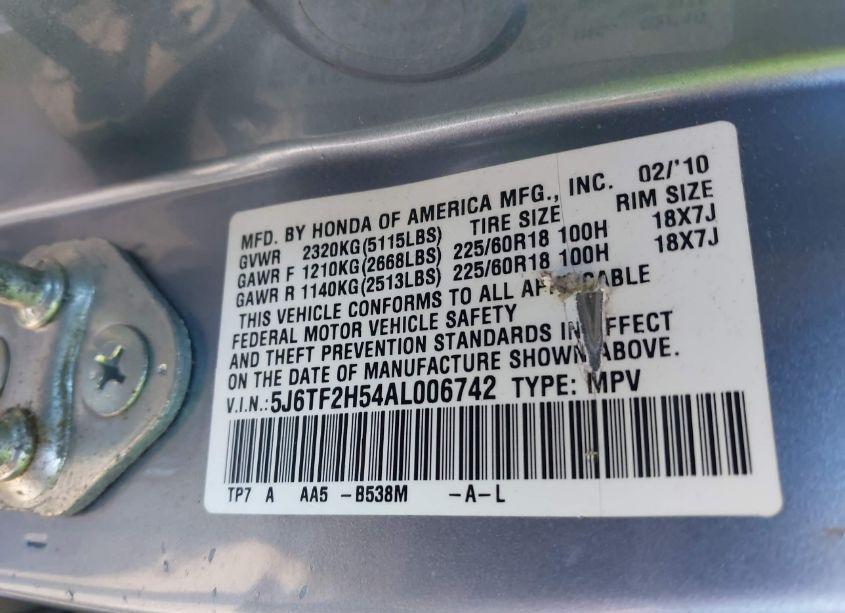 Photo 9 of 2010 Honda Accord CROSSTOUR EX-L (VIN 5J6TF2H54AL006742)