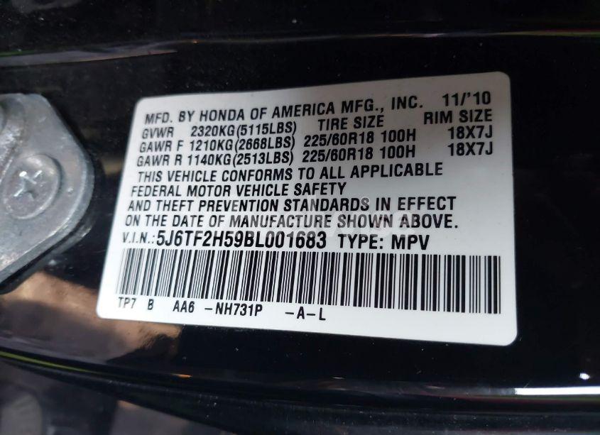 Photo 9 of 2011 Honda Accord CROSSTOUR EX-L (VIN 5J6TF2H59BL001683)