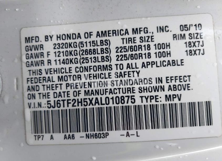 Photo 9 of 2010 Honda Accord CROSSTOUR EX-L (VIN 5J6TF2H5XAL010875)