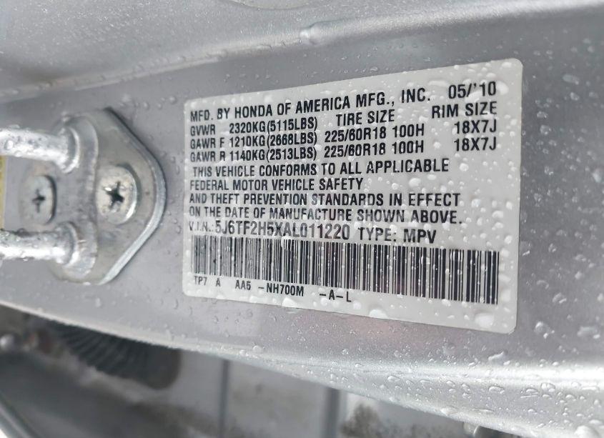 Photo 9 of 2010 Honda Accord CROSSTOUR EX-L (VIN 5J6TF2H5XAL011220)