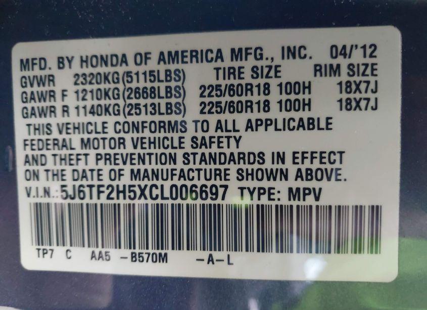 Photo 9 of 2012 Honda Crosstour EX-L (VIN 5J6TF2H5XCL006697)