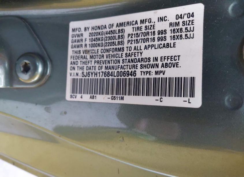 Photo 9 of 2004 Honda Element EX (VIN 5J6YH17684L006946)
