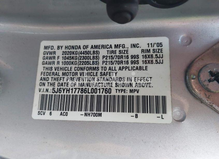 Photo 9 of 2006 Honda Element EX-P (VIN 5J6YH17786L001760)