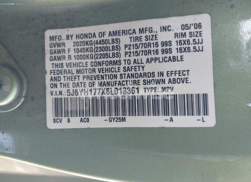 Photo 9 of 2006 Honda Element EX-P (VIN 5J6YH177X6L013361)