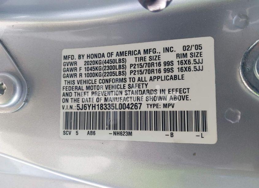 Photo 9 of 2005 Honda Element LX (VIN 5J6YH18335L004267)
