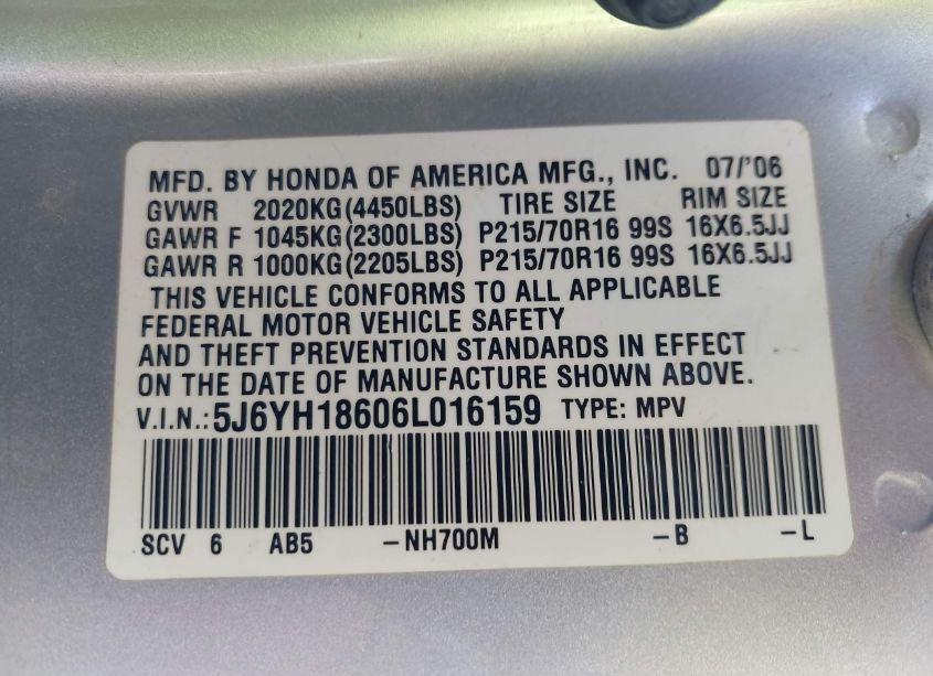 Photo 9 of 2006 Honda Element EX (VIN 5J6YH18606L016159)