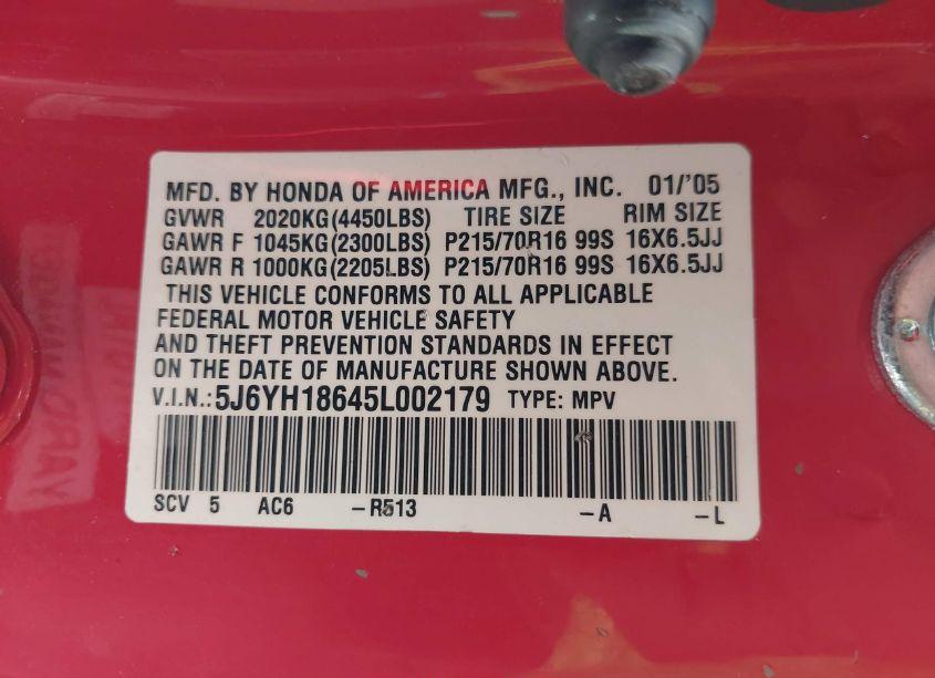 Photo 9 of 2005 Honda Element EX (VIN 5J6YH18645L002179)