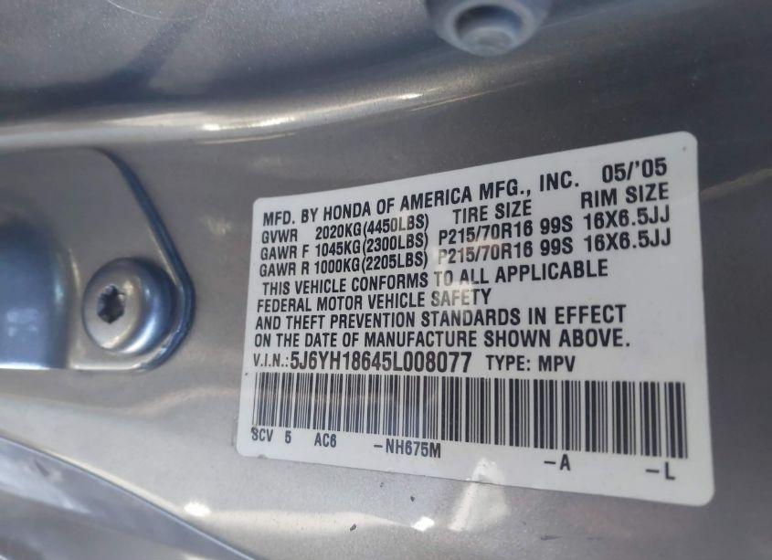 Photo 9 of 2005 Honda Element EX (VIN 5J6YH18645L008077)