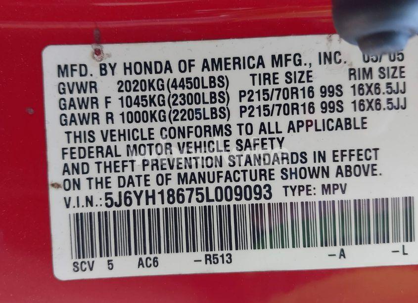 Photo 9 of 2005 Honda Element EX (VIN 5J6YH18675L009093)